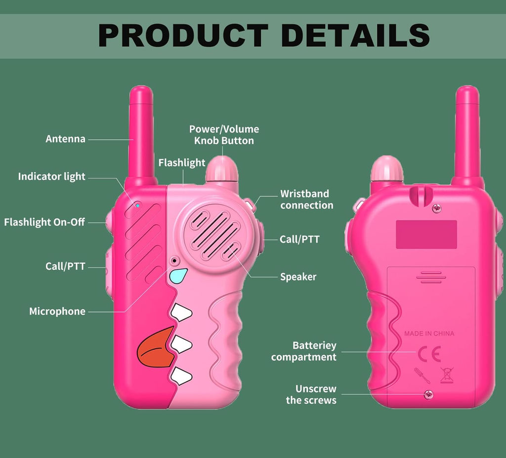 Walkie Talkies for Kids 2 Pack, 2200m Long Range Indoor and Outdoor Intercom, Built-in Flashlight, Girls Birthday Gifts, Outdoor Play, Family Games(Pink)