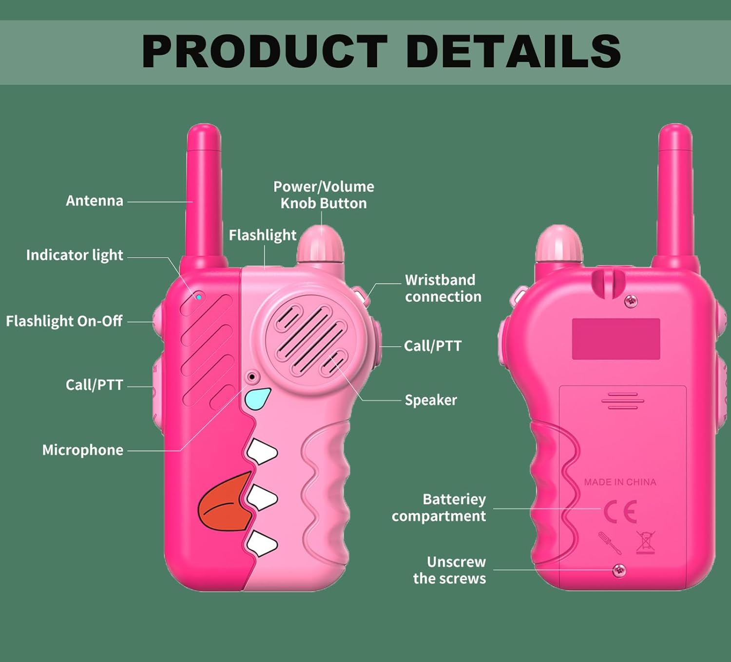 Walkie Talkies for Kids 2 Pack, 2200m Long Range Indoor and Outdoor Intercom, Built-in Flashlight, Girls Birthday Gifts, Outdoor Play, Family Games(Pink)