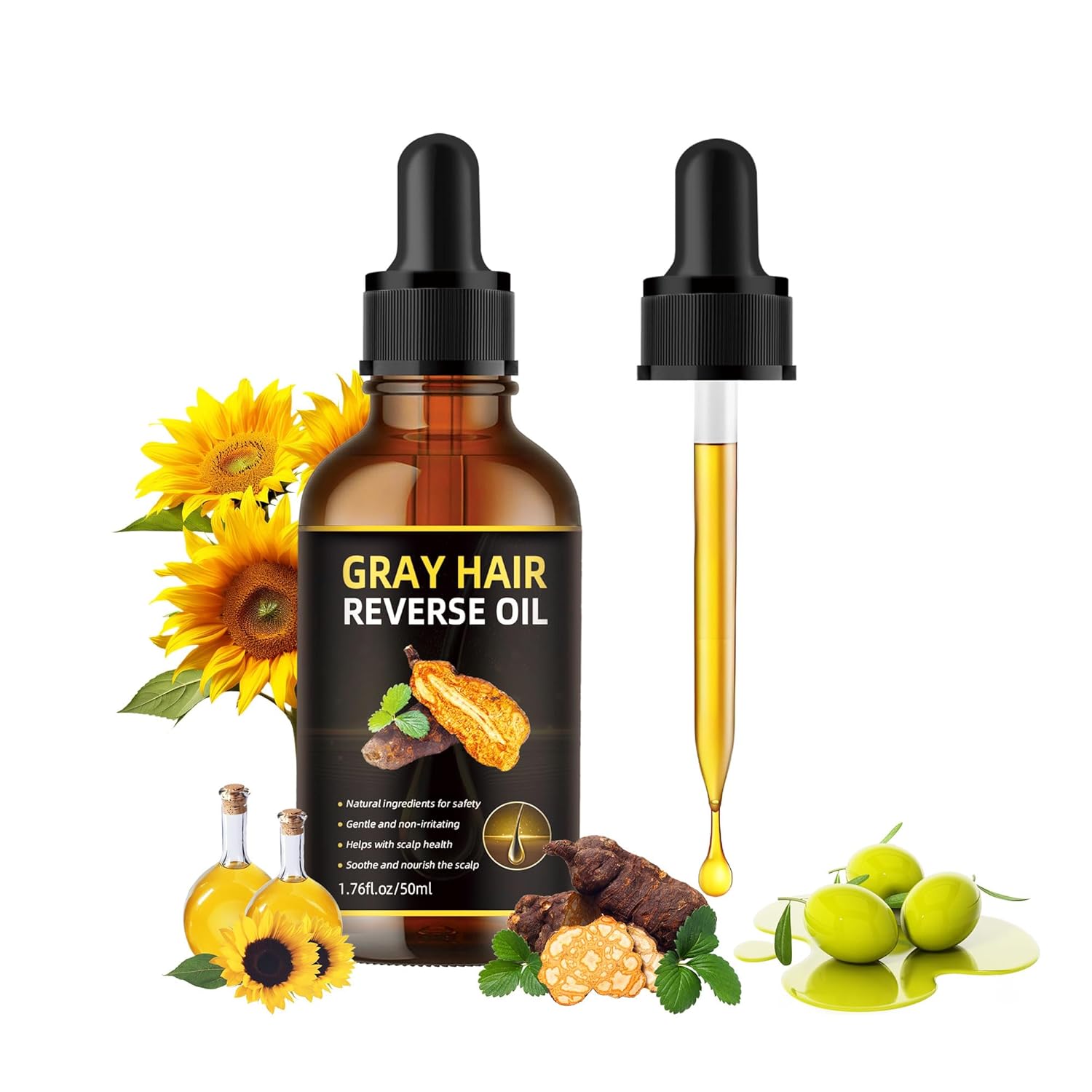 Natural Gray Hair Reverse Serum Oil, Usman Grass Polygonum Multiflorum Essential for Men & Women Scalp Care, Cover Grey and Restore Natural Black Hair Darkening Conditioner Usma Essence