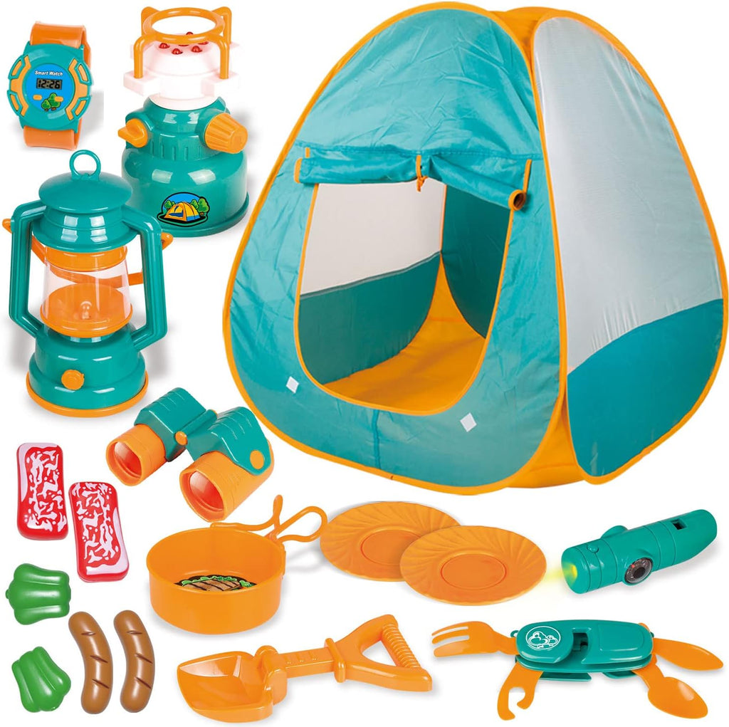 FUN LITTLE TOYS Pop Up Play Tent with Camping Gear and Tools Set, Outdoor Toys for Kids