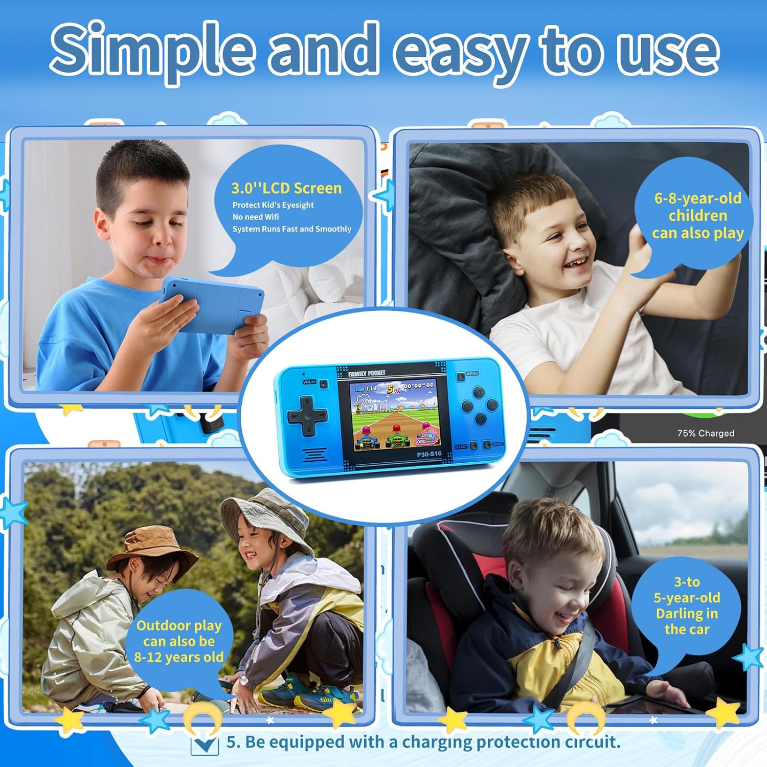Handheld Game for Kids -Preloaded 220 Retro Video Games, Portable Gaming Player with Rechargeable Battery 3.0" LCD Screen, Mini Arcade Electronic Toy Gifts for Boys Girls (Blue)