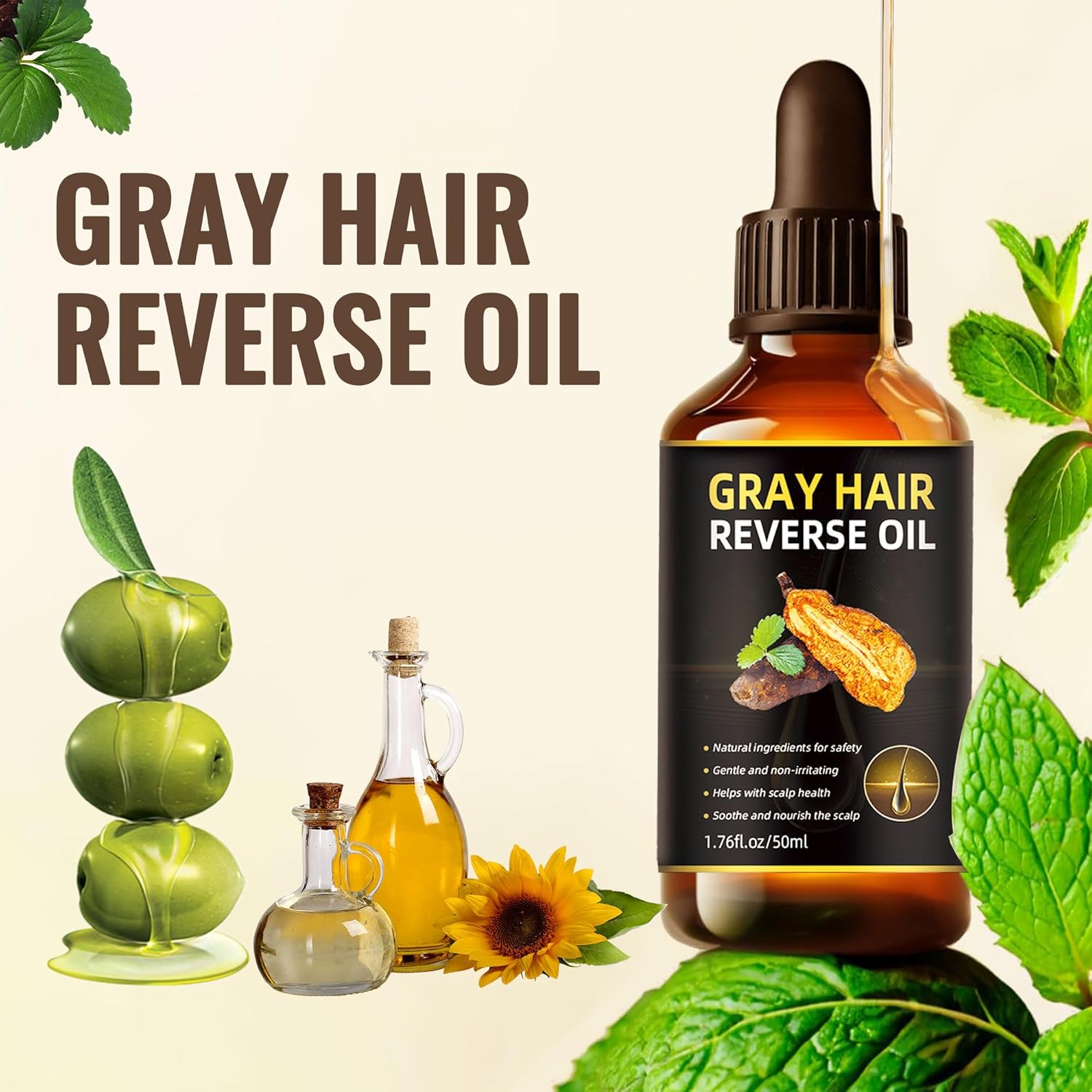 Natural Gray Hair Reverse Serum Oil, Usman Grass Polygonum Multiflorum Essential for Men & Women Scalp Care, Cover Grey and Restore Natural Black Hair Darkening Conditioner Usma Essence