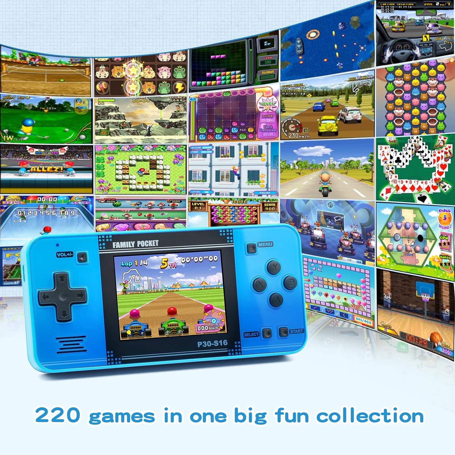 Handheld Game for Kids -Preloaded 220 Retro Video Games, Portable Gaming Player with Rechargeable Battery 3.0" LCD Screen, Mini Arcade Electronic Toy Gifts for Boys Girls (Blue)