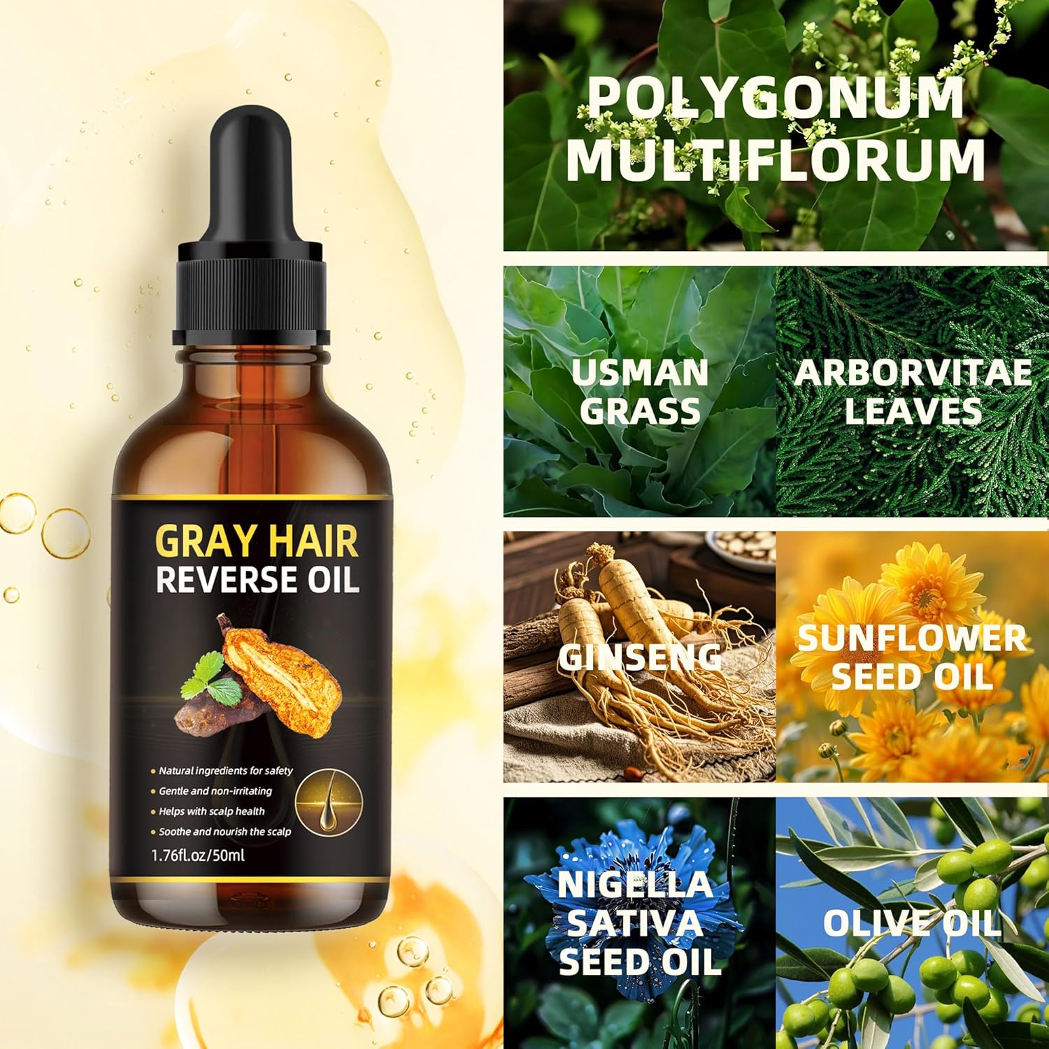 Natural Gray Hair Reverse Serum Oil, Usman Grass Polygonum Multiflorum Essential for Men & Women Scalp Care, Cover Grey and Restore Natural Black Hair Darkening Conditioner Usma Essence